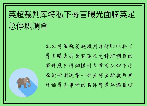 英超裁判库特私下辱言曝光面临英足总停职调查
